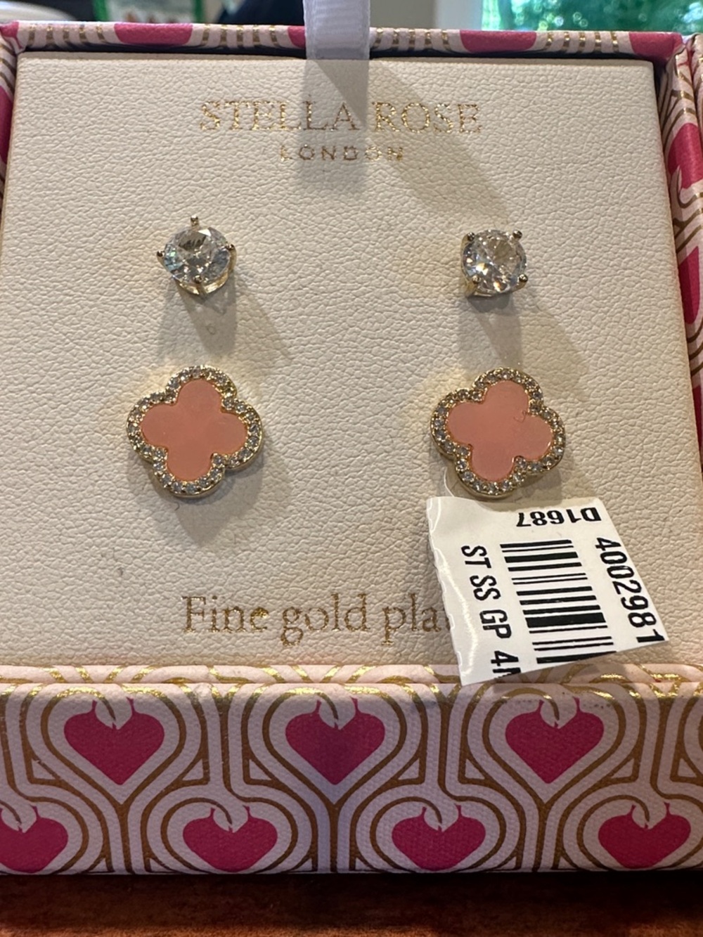 Pink Clover & Crystal Stud Earring Duo - Gold Plated